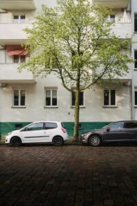 two cars parked next to a tree in front of a building