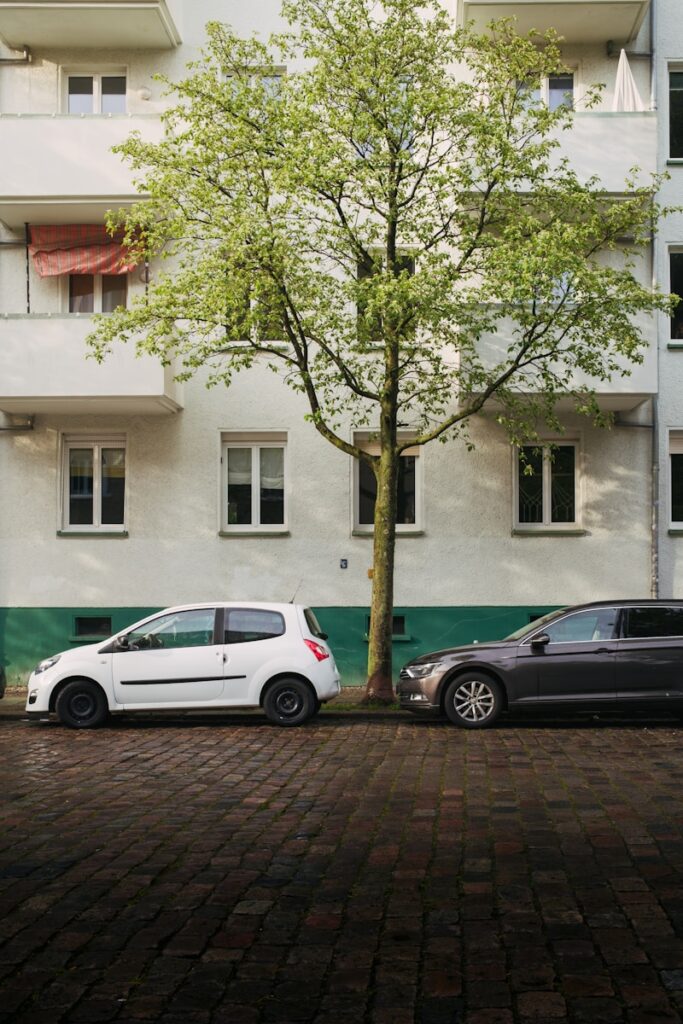two cars parked next to a tree in front of a building
