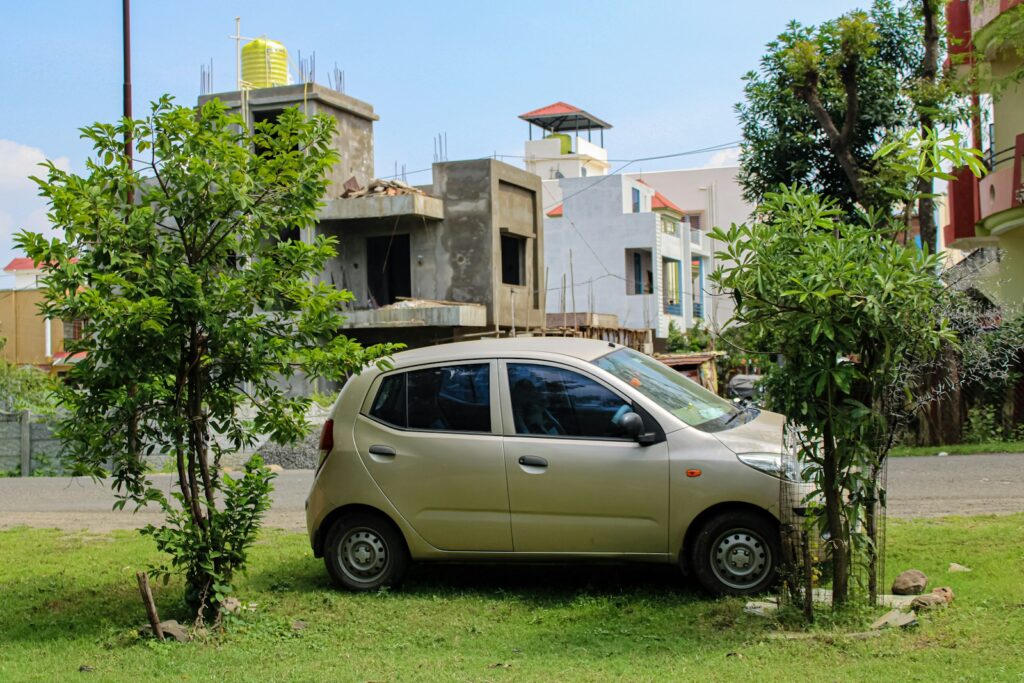 a car parked in a yard